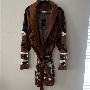 Lucky Brand Brown and White Geometric Cardigan